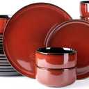 LERATIO Ceramic Dinnerware Sets for 8,Plates and Bowls Sets,Handmade Reactive Glaze Dishes Set,Highly Chip and Crack Resistant | Dishwasher & Microwave & Oven Safe Dishes set,Service for 8-Red(24pc)