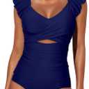 Aleumdr Two Piece Tankini Swimsuits for Women Cutout Tummy Control Bathing Suit Ruffled V Neck Tank Tops with Bottom (Blue, S)