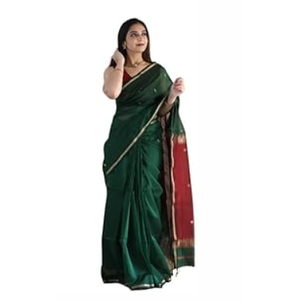Women's Cotton Blend Saree With Zari Work & Unstitched Blouse Piece (Dark Green Blue)