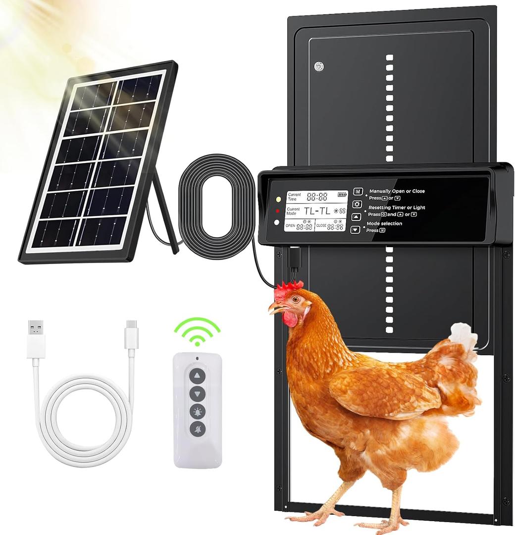 ONKO Automatic Chicken Coop Door Solar Powered with LCD Display, Automatic Chicken Door with Timer & Light Sensor - Remote Control, Anti-Pinch Safety Design & Durable Aluminum Alloy Construction