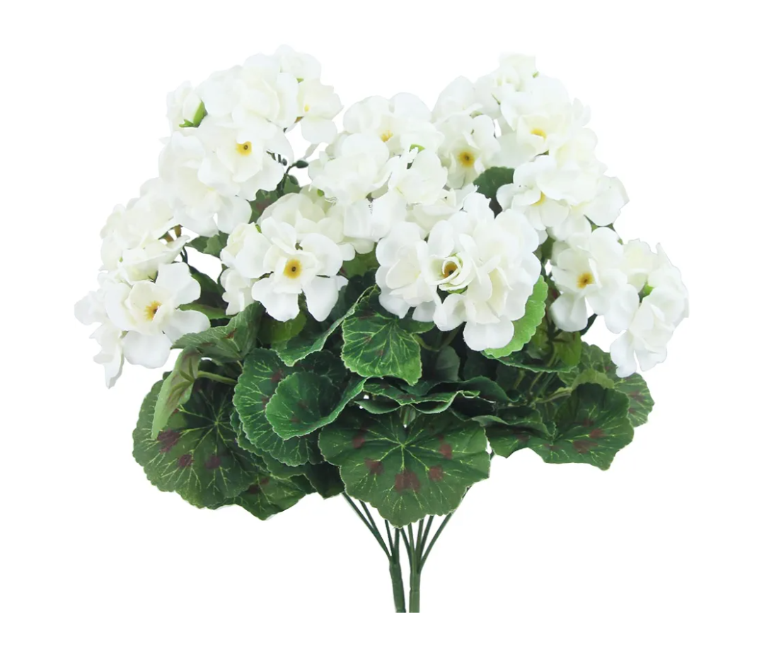 CISDUEO 4 Pcs Artificial Geraniums for Outdoor Silk Flowers White Artificial Geranium Bush Faux Flowers Geraniums for Floral Home Decor Indoor Garden Patio Grave Cemetary Vase Table Centerpiece