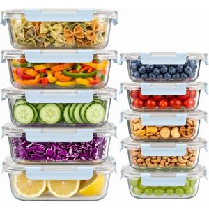Dealusy 10 Sets (20-Piece) 36 oz & 12 oz Glass Food Storage Containers with lids, Airtight Leak-proof Glass Meal Prep Containers with Lids, Microwave Oven Freezer Dishwasher Safe, Blue, 4.5 Cup & 1.5 Cup