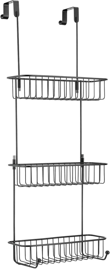 MDesign Extra Large Metal Over Shower Door Caddy, Hanging Bathroom Storage Organizer Center with Built-In Hooks and Baskets on 3 Levels for Shampoo, Body Wash, Loofahs - Black
