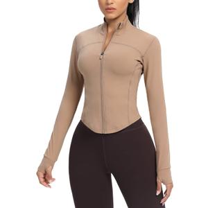 AVGO Women's Cropped Running Workout Jackets Zip Slim Fit Athletic Tops with Thumb Holes (Cream Coffee) S