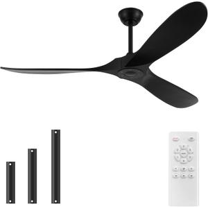 60'' Outdoor Ceiling Fan without Light,Large Airflow with 3 Solid Wood Blades,Black Ceiling Fan with DC Reversible and Silent Motor for Porch,Living Room,Garage.