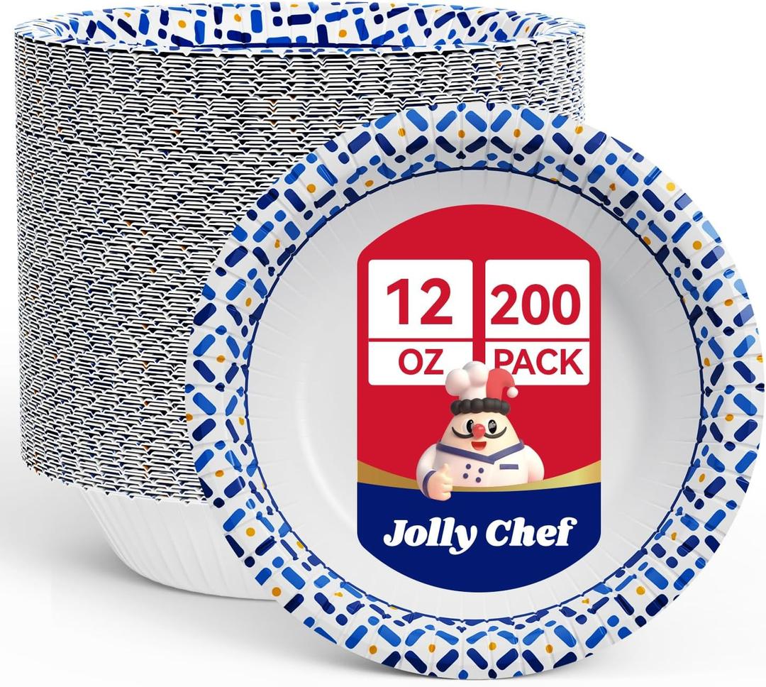 JOLLY CHEF 12 oz Paper Bowls 200 Count, Soak-Proof, Heavy Duty Small Disposable Bowls Bulk for Snacks, Desserts, Breakfast, Lunch, and Party Use
