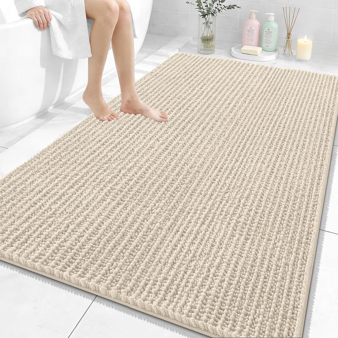 OLANLY Bathroom Rug Mat 59x35, Thick Soft and Absorbent Chenille Bath Mat, Non-Slip Rubber Backing, Machine Washable Quick Dry Bath Rugs for Tub Shower Floor, Home Decor Accessories, Sand