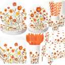 452 Pcs Party Supplies Serve 50 Guests, Paper Plates Napkins Cups Cutlery Plastic Tablecloth Dinnerware for Birthday Wedding Party Decoration(Orange Floral,Fall Floral)