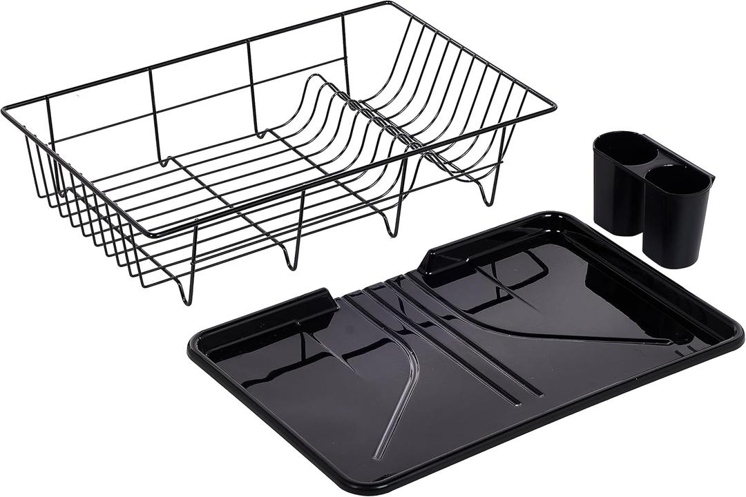Sweet Home Collection Metal, Plasic ,Dish Drainer Drain Board and Utensil Holder Simple Easy to Use, 12" x 19" x 5", Black