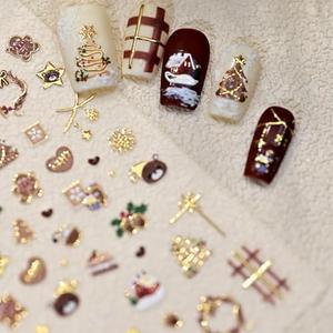 5D Embossed Christmas Nail Art Stickers Gold Bear Nail Stickers Self-Adhesive Wreath Xmas Tree Gingerbread Snowflakes Nail Decals for Women Girls Winter Xmas Holiday Manicure DIY Nail Supplies