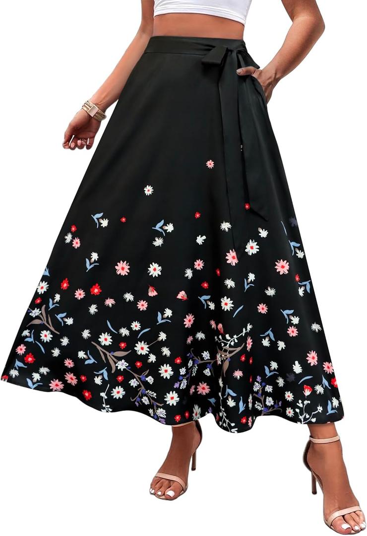 Women's Casual Elastic High Waisted Maxi Summer Skirt Tie Front A Line Floral Trendy Flowy Long Skirts with Pockets (Black, XL)