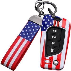 American USA Flag Heavy Metal Key Fob Cover, Key Case,Keychain,Accessories Compatible with Toyota Fortuner Tundra Camry RAV4 Highlander Challenger(Model-B 4 buttons)