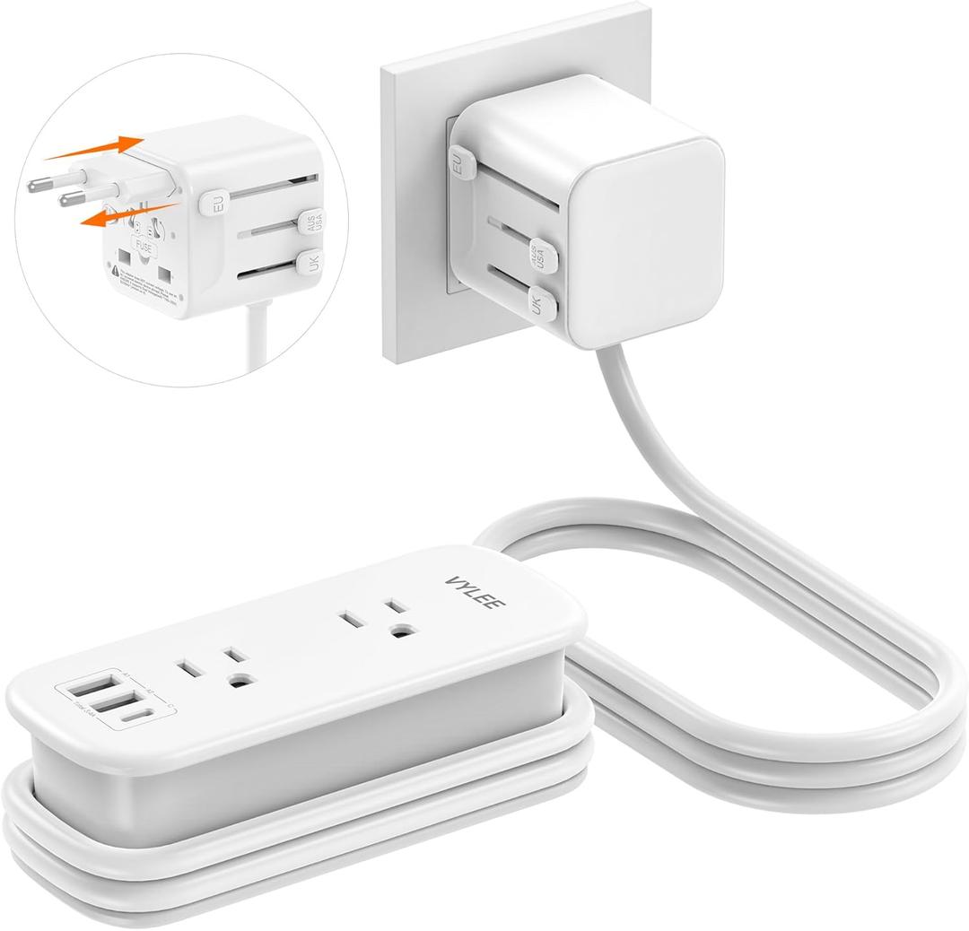 VYLEE Universal Travel Adapter with 6FT Extension Cord, International Power Adapter for Europe UK US AU, Cruise Ship Essentials with 2 AC Outlets & 3 USB Ports USB-C, Travel Plug Adapter Worldwide