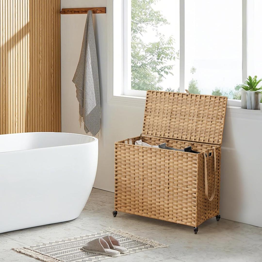 Laundry Hamper with Wheels, 52.8 Gallon(200L) Rolling Laundry Basket with Lid, Removable Large 3 Color Liners & 3 Mesh Laundry Bags, Clothes Hamper with Side Pocket, Natural (200L31.5x15.75x25.6 Inches)