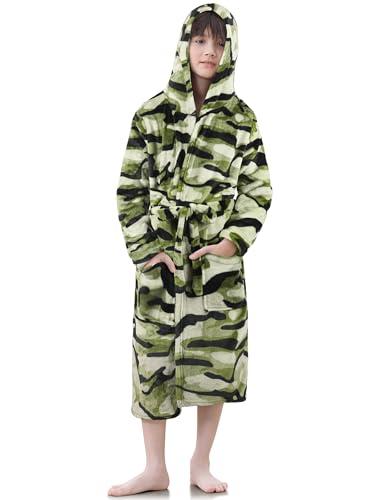 IHU Boys Fleece Robe, Kids Hooded Soft Fuzzy Robes Bathrobe Toddler Flannel Pajamas Sleepwear Spa Plush Robe for Boys Girls Green Camo,5-6 Years