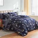 AIKASY Bed in a Bag Queen Comforter Set7 Pieces Floral Comforter Set Bedding Sets with (1 Comforter, 2 Pillow Shams, 1 Flat Sheet, 1 Fitted Sheet, 2 Pillowcases) (Navy, Queen)