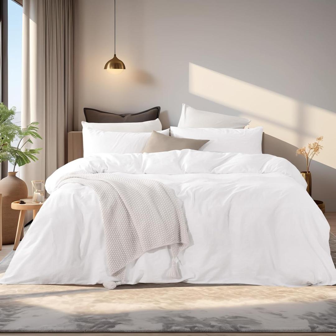 NEXHOME PRO Duvet Cover Set 100% Washed Cotton Full Size Linen Feel Textured Organic Natural 3 Pieces Bedding Set with Zipper Closure and Corner Ties, Breathable and Soft (White, No Comforter) (Full (80"x90"))