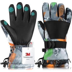Ski Gloves, Waterproof and Breathable Snow Gloves for Cold Weather, Men & Women Boys and Girls (02 Black orange)