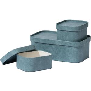La Jolie Maison Vegan Leather Storage Boxes with Lids, Set of 3 Decorative Storage Containers Organize Stackable Storage Box, Dusty Blue