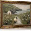 Vintage Gold Framed Sheep Wall Art Ireland Coastal Farmhouse Sheep Wall Decor Seaside Country Landscape Painting Picture Irish Cottage Rustic Print Artwork for Living Room Bedroom Home Decor, 24"L x 16"W