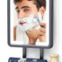 Heated Shower Mirror Fogless for Shaving with 3-Color Dimmable LED Lights, Rechargeable, 360 Degree Adjustable, Drill-Free, All-in-One Storage Tray Holds Shaving Foam, Brush and 2 Razors, Black