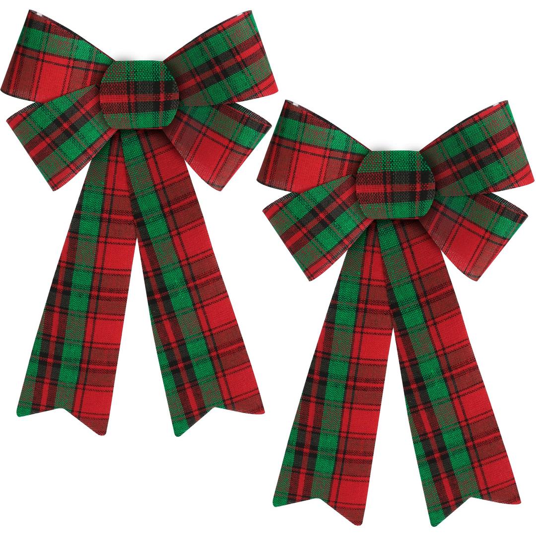 Heartome 2 PCS Christmas Bows, 12 x 18 in Christmas Bows Outdoor, Red Green Xmas Decorations Velvet PVC Large Christmas Decor Indoor Outdoor Xmas Wreath Bows Hanging Decor for Fence Fireplace Stairs