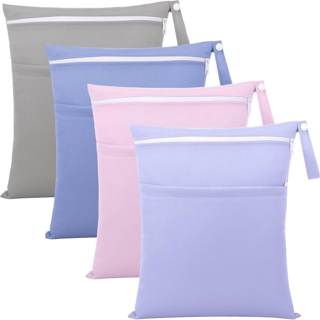 SATINIOR 4 Pack Wet Dry Bags for Baby Cloth Diapers Washable Travel Swimsuit Wet Bags Reusable with Two Zippered Pockets for Yoga Gym Swimsuits Travel Beach Pool Soiled Items(Dreamy Colors)