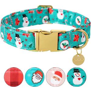 Christmas Dog Collar, Cotton Christmas Collar for Puppy Girl Dog or Cat, Green Dog Collar Flower with Durable Metal Buckle, Christmas Snowman Gift Pet Collar, L