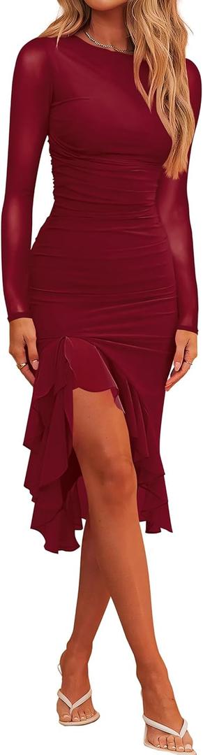 Nova In Sky Women's Sexy Ruched Bodycon Midi Dress Mesh Long Sleeve Ruffle Hem Formal Wedding Guest Cocktail Party Dress (Burgundy)