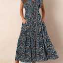 BLENCOT Womens Cotton Floral Maxi Dresses Casual Flowy Boho Dresses Summer Ruffle Short Sleeve V Neck Dress with Pockets (L)
