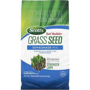 Scotts Turf Builder Grass Seed Sun and Shade Mix  Grass Seed Plus Lawn Fertilizer and Soil Improver, Covers Up to 2,240 sq. ft., 5.6 lb.
