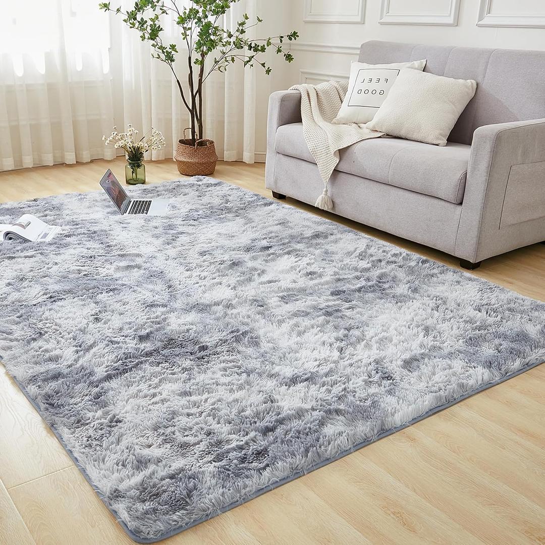 Andency 4x6 Shag Area Rug for Living Room, Tie-Dyed Light Grey Soft Fuzzy Plush Indoor Carpets for Bedroom, Non Skid Fluffy Faux Fur Rug for Room (4x6 Feet)