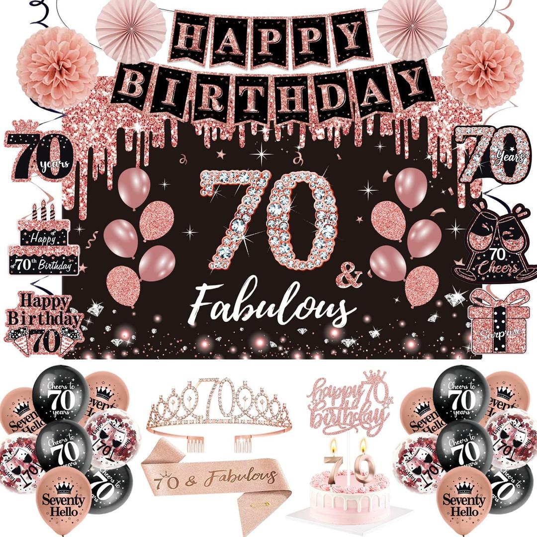 70th Birthday Decorations for Women,52Pcs PRE-STRUNG Rose Gold Black Party Set-70 Years Old Crown and Sash,Banner Backdrop Balloons Candle Hanging Swirls Paper Fans,PRE-ASSEMBLED