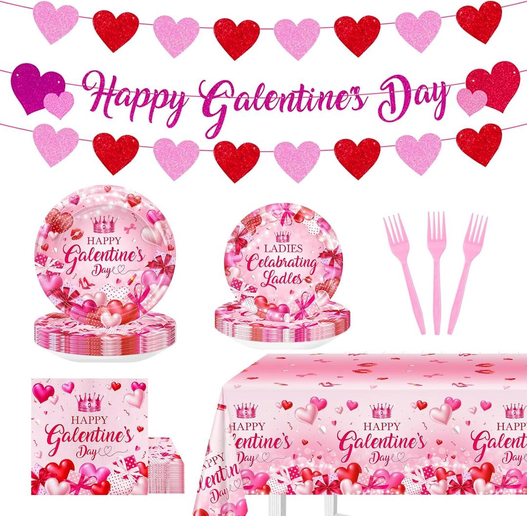 Galentines Day Party Decorations Pink Heart Galentines Plates Napkins Tablecloth Happy Galentine's Day Banner Party Supplies Serve, 100.0 Count