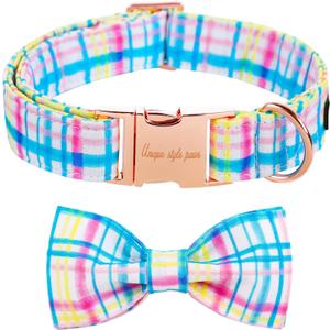 Unique style paws Easter Day Dog Collar with Bow Tie Blue Pink Grid Puppy Collar for Small Medium Large Boys Girls-XS