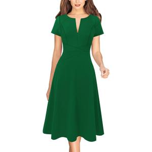 VFSHOW Womens Elegant Front Zipper Crisscross Waist Slim Wear to Work Business Office A-Line Dress (Green)