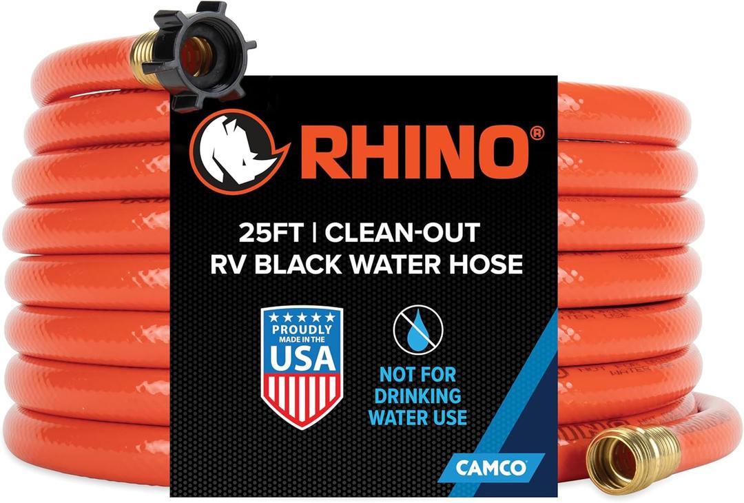 Camco Rhino 25-Ft Clean-Out Camper/RV Black Water Hose - Features a Heavy-Duty PVC Design & Bright Orange Color - Clean-Out Camper Black Water, Grey Water or Tote Tanks - 5/8 Inside Diameter (22990) (One Size)