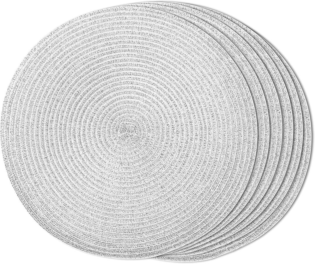 FunWheat Round Braided Placemats Set of 6 Table Mats for Dining Tables Woven Washable Non-Slip Place mats(Shining Sliver, 6pcs)