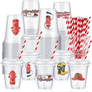 Qinyoung 60 Pcs Watercolor Fire Truck Party Cups with Lids and Paper Straws 14 oz Disposable Clear Plastic Cups for Firefighter Birthday Party Favor Supplies Decorations