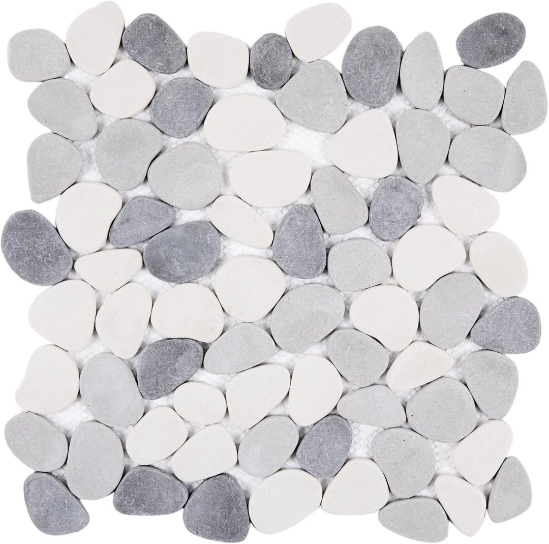 Diflart Pebble Tile for Shower Floor, Gray and White Oval, 5 Sheets, Pebble Backsplash for Kitchen Bathroom Wall and Floor Tile (11.8x11.8 Inch)