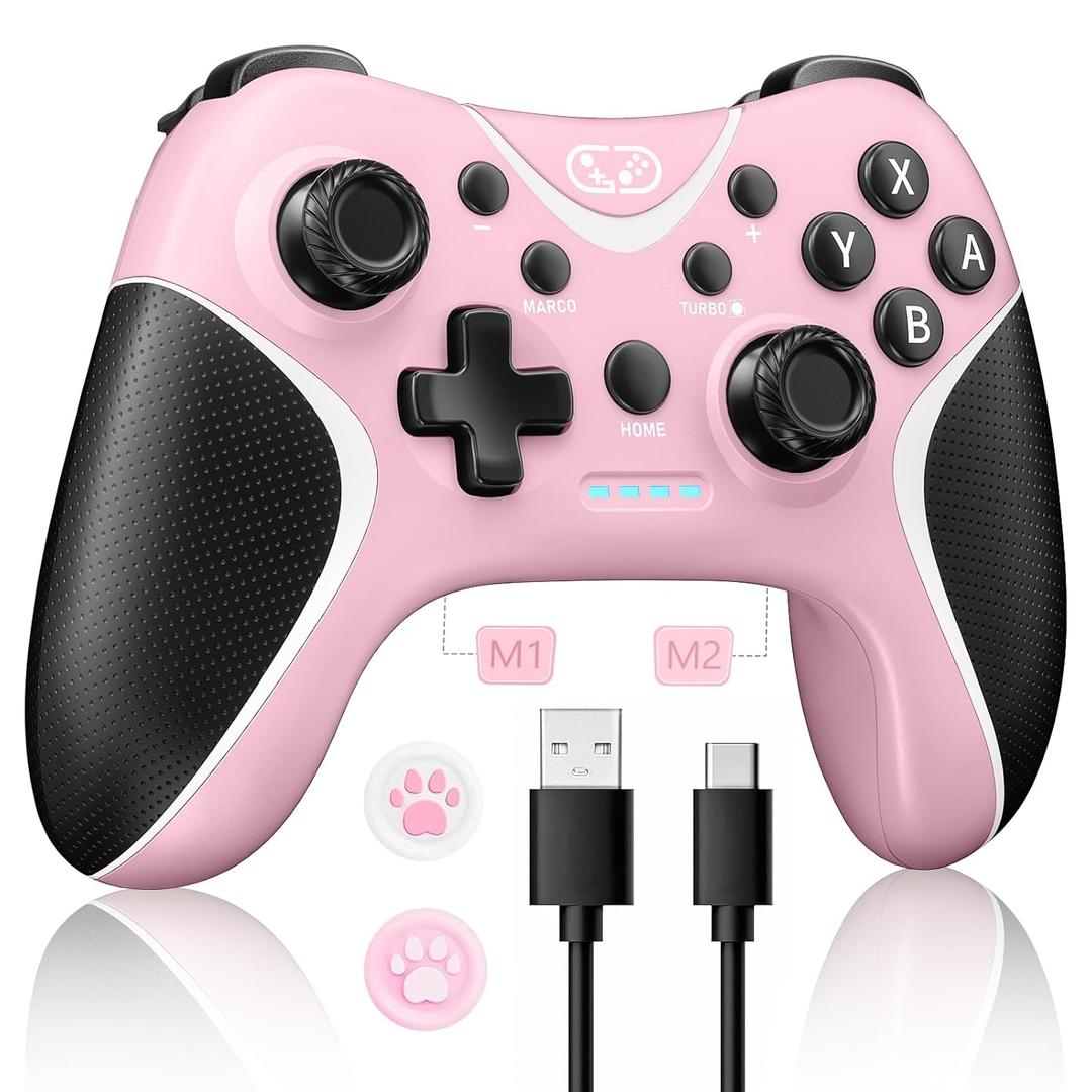 BRHE Wireless Switch Pro Controller Compatible with Nintendo Switch/Lite/OLED/Switch 2, Windows PC, iOS, and Android - Programmable, Vibrating, Turbo, and Wakeup with 2 Thumb Caps Included (pink)