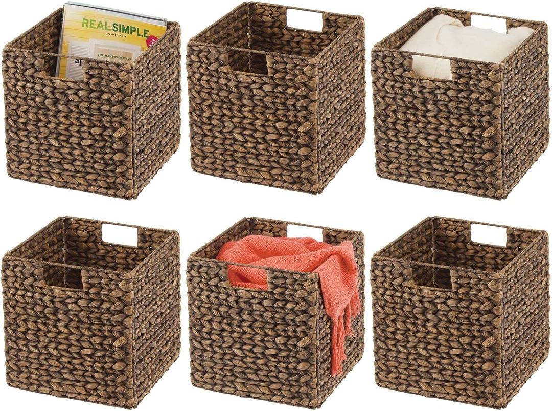 mDesign Natural Woven Hyacinth Cube Organizer Basket with Handles, Storage for Bathroom, Laundry Room Shelf or Nursery - Perfect for Cubby Storage Units - Hold Blankets and Books - 6 Pack, Brown Wash