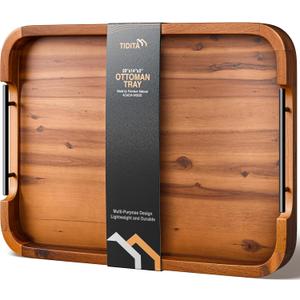 TIDITA 20"x14" Wooden Large Ottoman Tray, Serving Tray with Metal Handles