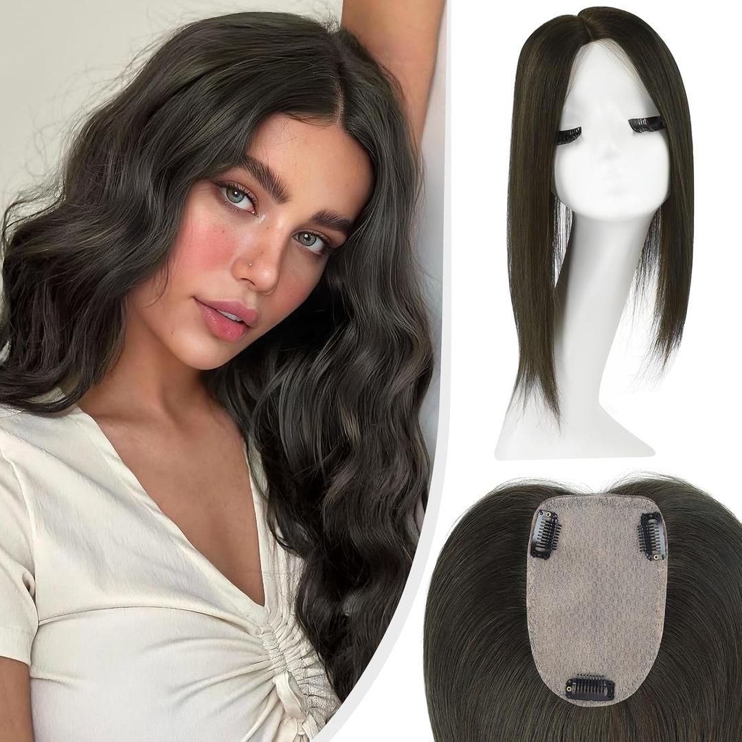 Hair Toppers for Women Real Human Hair,100% Unprocessed Virgin Human Hair Topper 14 Inch Large Silk Base Upgrade Hair Pieces for Women with Thinning No Bangs for Add Volume (Black Brown)