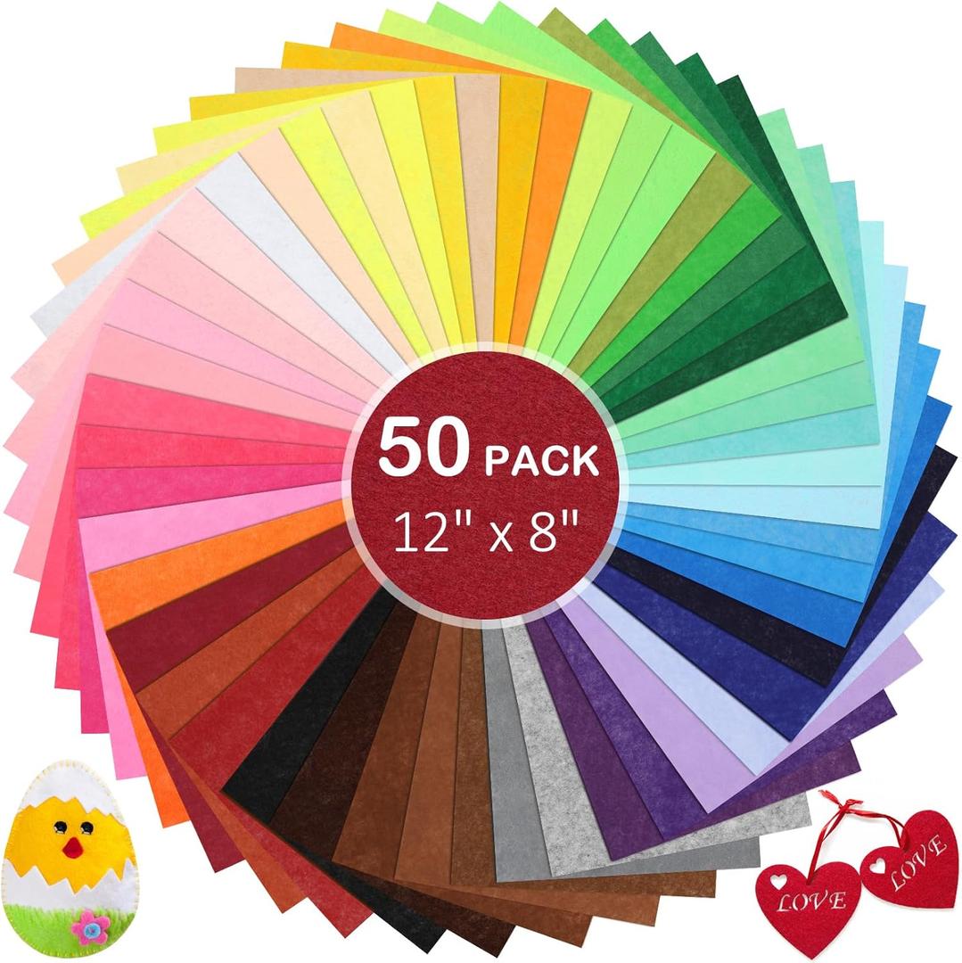 Thin Felt Fabric Sheets, Assorted Colors Stiff Felt Sheets for Crafts DIY Patchwork Sewing Projects Decoration (Stiff 50 Colors, 812 inches)