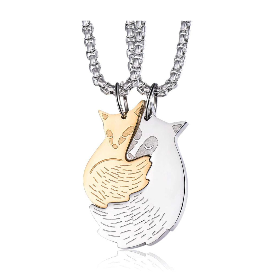 Wolentty Couple Fox Necklace - Stainless Steel Fox Couples Necklaces Jewelry Gift for Men Women