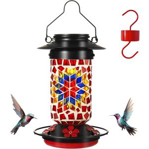 Glass Mosaic Hummingbird Feeder for Outdoors Solar Light, Red Hummingbird Feeders 19 Ounces, Mosaic Bottle Easy to Clean, 5 Feeding Ports, Ant Moat Included (Red Flower)