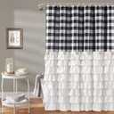 Seasonwood White Ruffle Farmhouse Shower Curtain Set with 12 Hooks 72 X 72inch Black and White Buffalo Plaid Pattern Fabric Shower Curtains with Buttons for Bathroom Bathtubs Decor Accessory