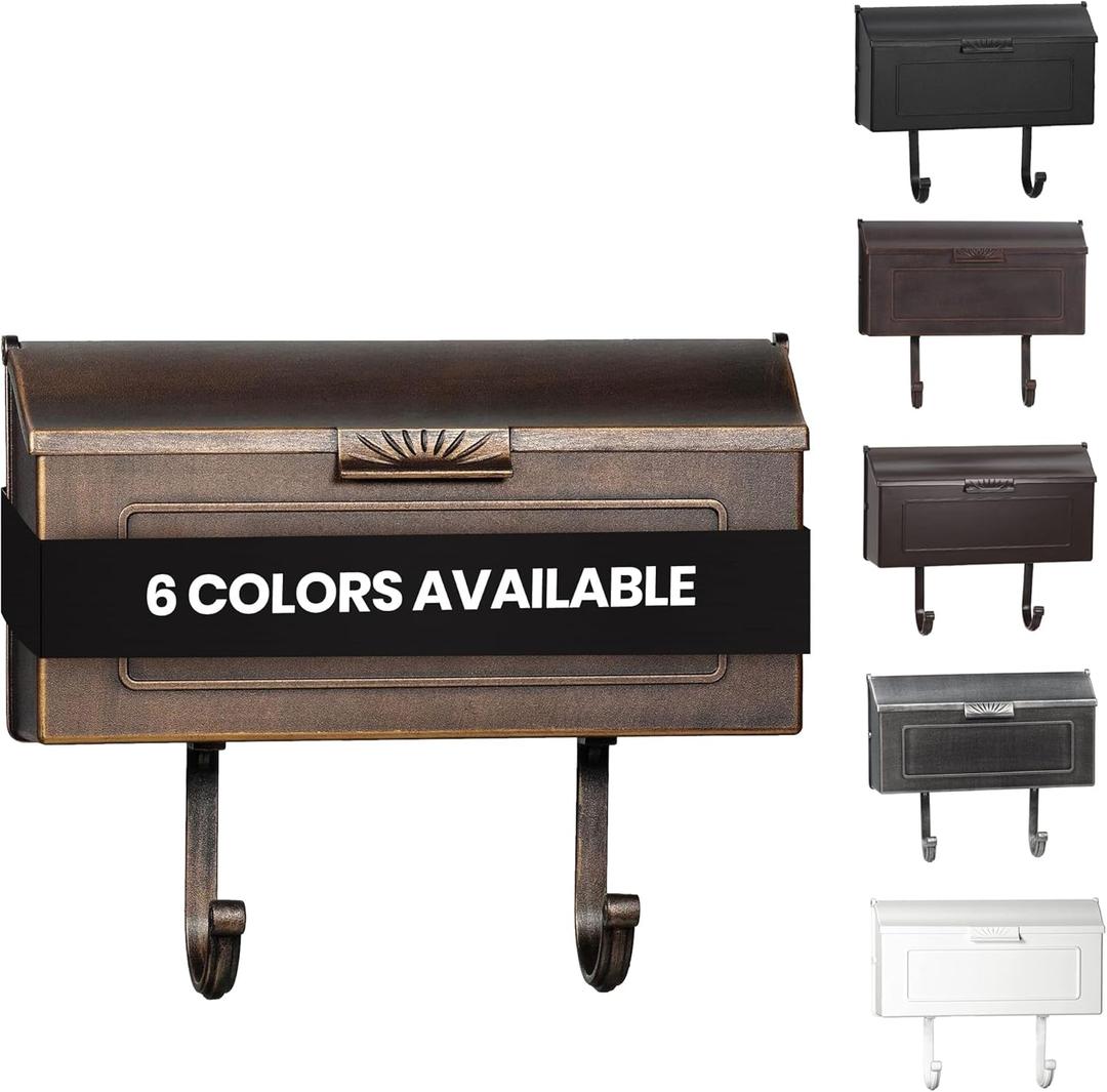 Cast Aluminum Metal Mailbox with Newspaper Hooks, Easy to Install Wall Mount, Heavy Duty, Rustproof Paint, Horizontal Mail Box for Outside House Porch - 16 x 4.25 x 8.25 (Antique Bronze) Cast Aluminum Metal Mailbox with Newspaper Hooks, Easy to Install Wall Mount, Heavy Duty, Rustproof Paint, Horizontal Mail Box for Outside House Porch - 16 x 4.25 x 8.25 (Antique Bronze)