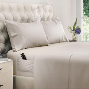 DREAMCARE Queen Sheet Set  4 pcs Cooling Sheets  up to 21 Extra Deep Pocket Queen Sheets  Hotel Luxury Sheets & Pillowcases  Superior Softness 100% Microfiber with Side Pocket - Beige